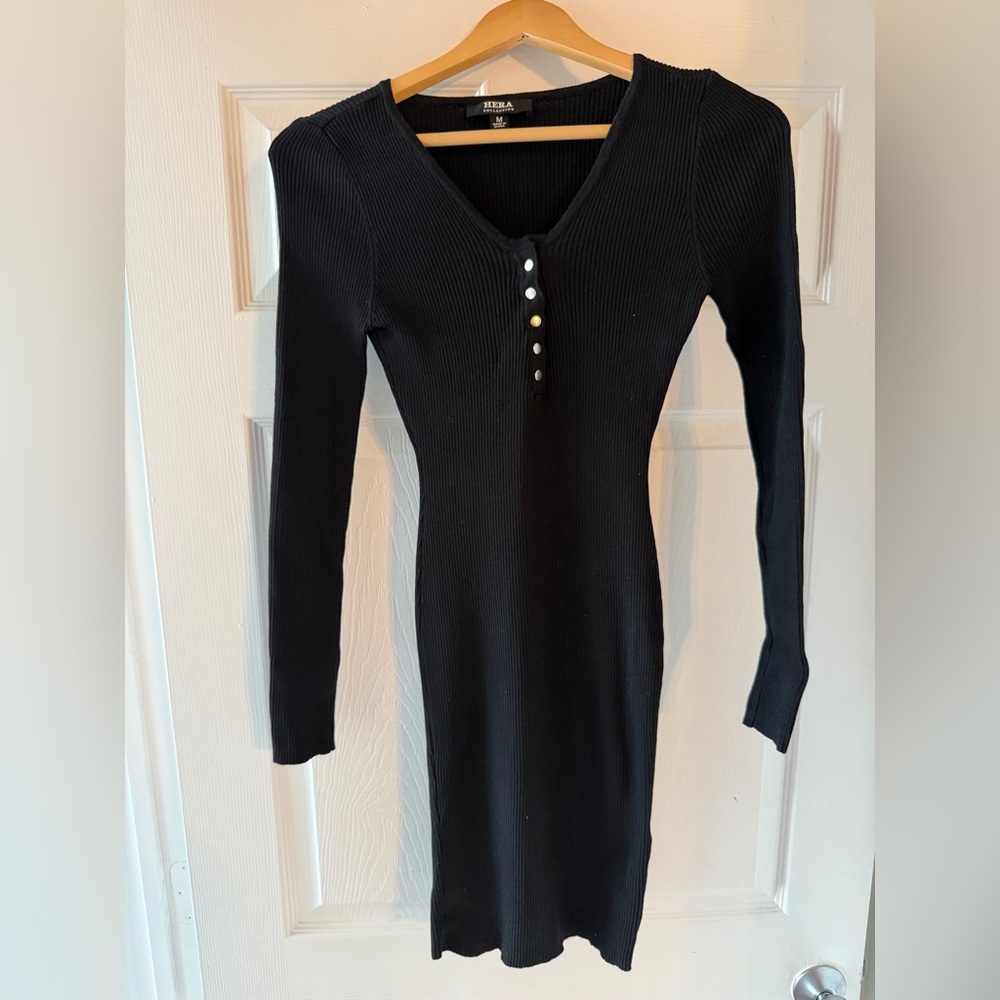Hera Collection Black Ribbed Long-Sleeve V-Neck Dress with Button Detail